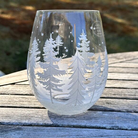 Christmas Tree & Reindeer Stemless Wine Glass 5” Frosted Winter Forest NEW - Picture 10 of 11